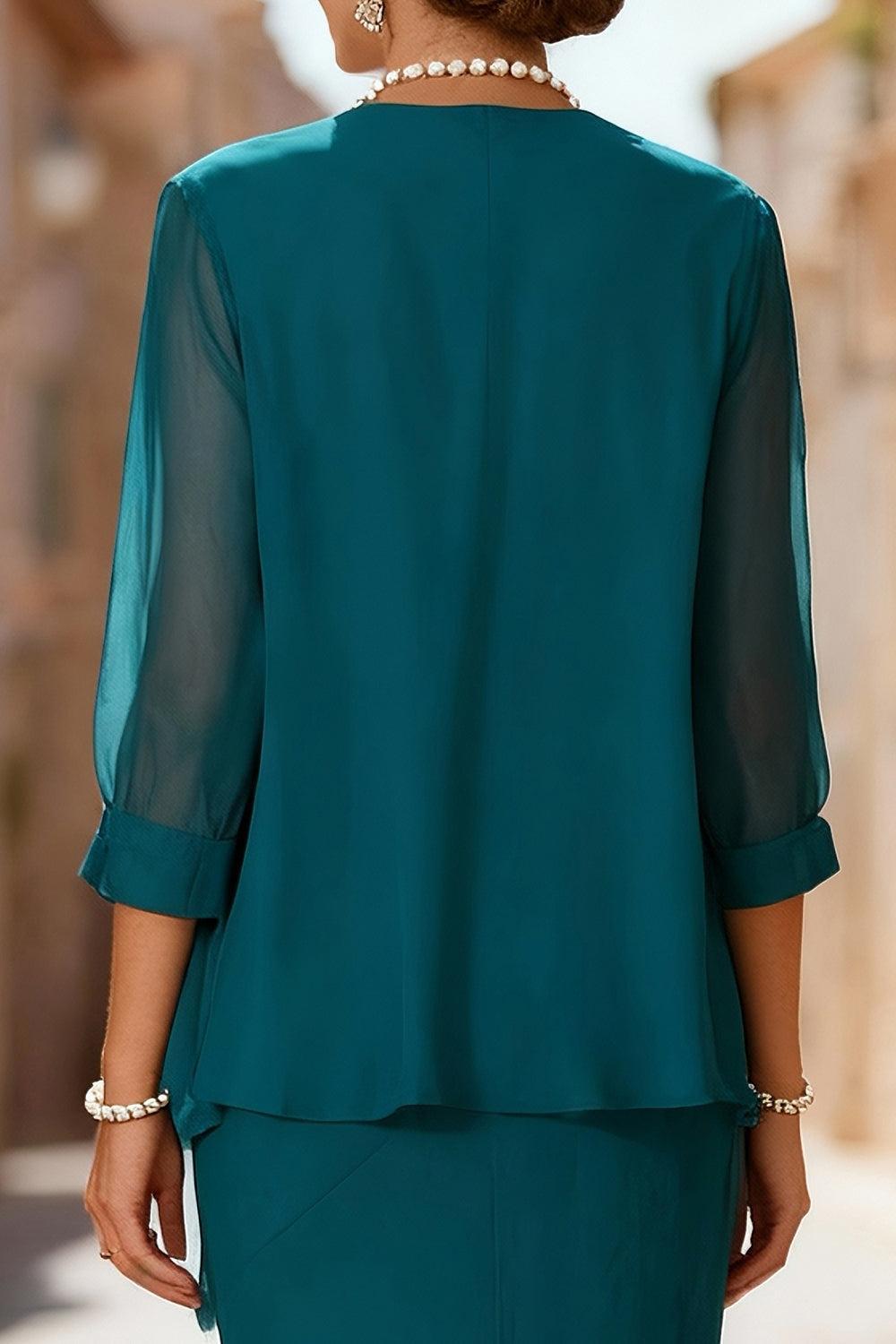 Dreamyannie Peacock Blue Chiffon Boat Neck Floor Length 3 Piece Mother Of The Bride Dress With Jacket