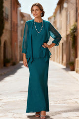 Dreamyannie Peacock Blue Chiffon Boat Neck Floor Length 3 Piece Mother Of The Bride Dress With Jacket