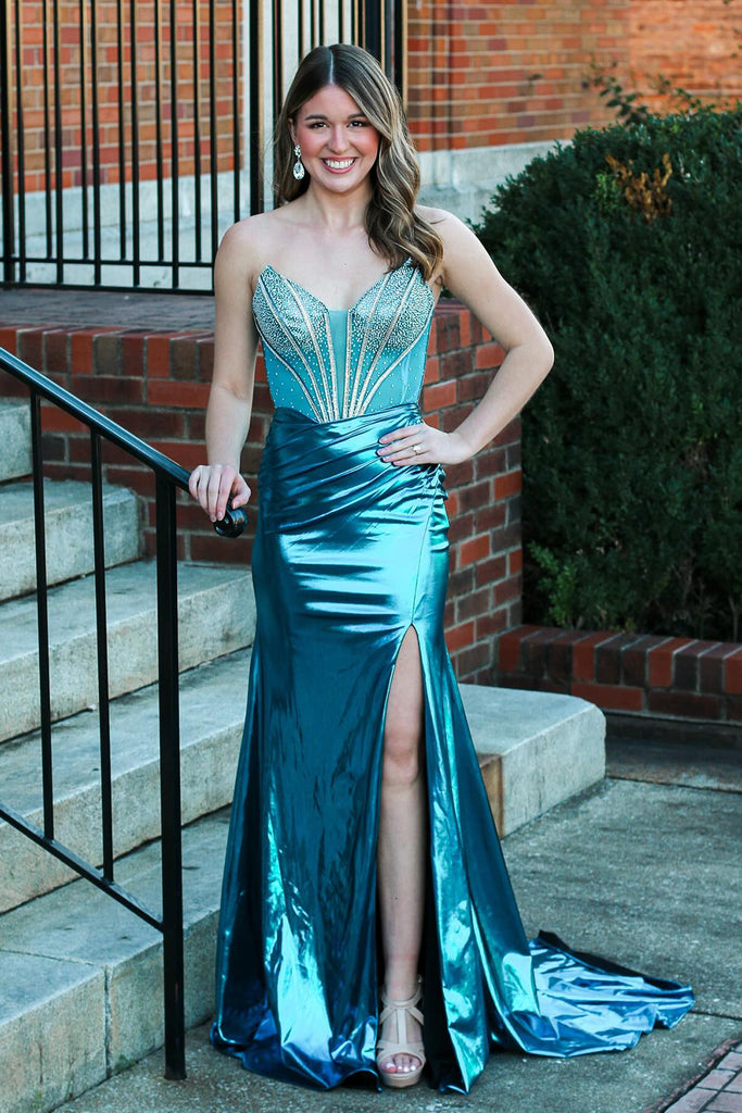 Dreamyannie UK Peacock Blue Prom Dress Corset Sweetheart Long Evening Dress  With Slit