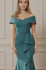 Dreamyannie Peacock Blue Satin Mermaid Ruffled Long Mother Of The Bride Dress