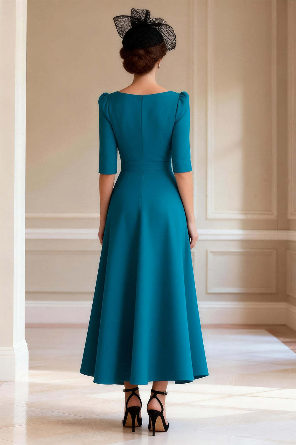 Dreamyannie Peacock Blue Square Neck Ankle Length Mother Of The Bride Dress With Slit