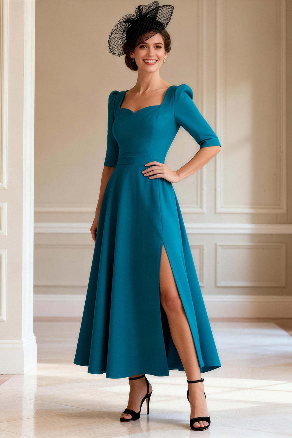 Dreamyannie Peacock Blue Square Neck Ankle Length Mother Of The Bride Dress With Slit