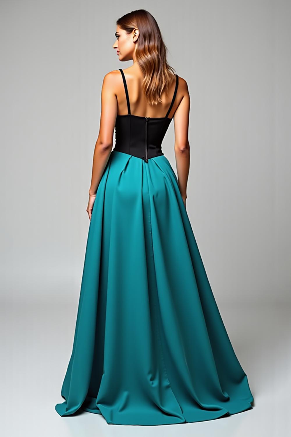 Dreamyannie Peacock Blue Wedding Guest Dress A Line Black Wedding Guest Dress Satin Long Formal Dress