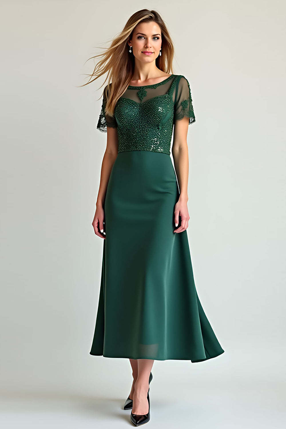 Dreamyannie Pine Illusion Neck Formal Dress With Beading