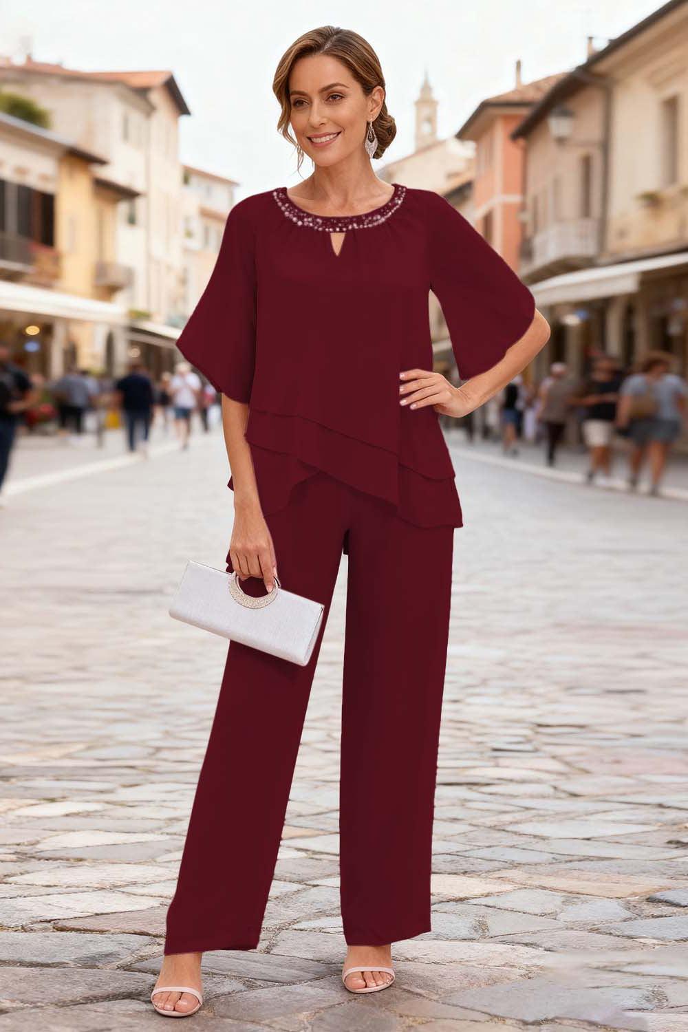 Dreamyannie Pink Chiffon Beaded 2 Piece Mother Of The Bride Pant Suits With Sleeves