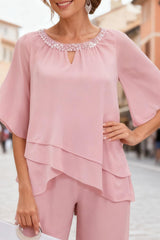 Dreamyannie Pink Chiffon Beaded 2 Piece Mother Of The Bride Pant Suits With Sleeves