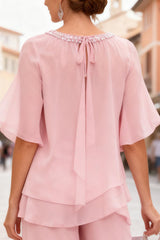 Dreamyannie Pink Chiffon Beaded 2 Piece Mother Of The Bride Pant Suits With Sleeves
