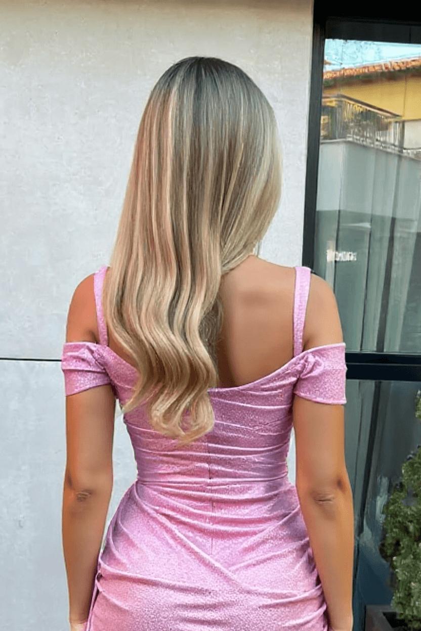 Dreamyannie Pink Cold Shoulder Graduation Dress Sequined Cocktail Dress with Panel Train