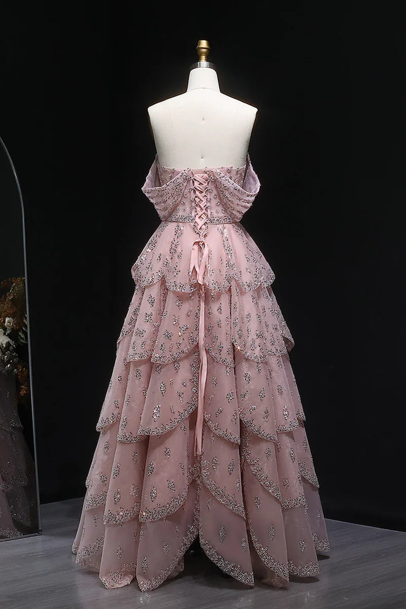 Dreamyannie Pink Off The Shoulder Prom Dress A Line Tiered Beaded Formal Dress