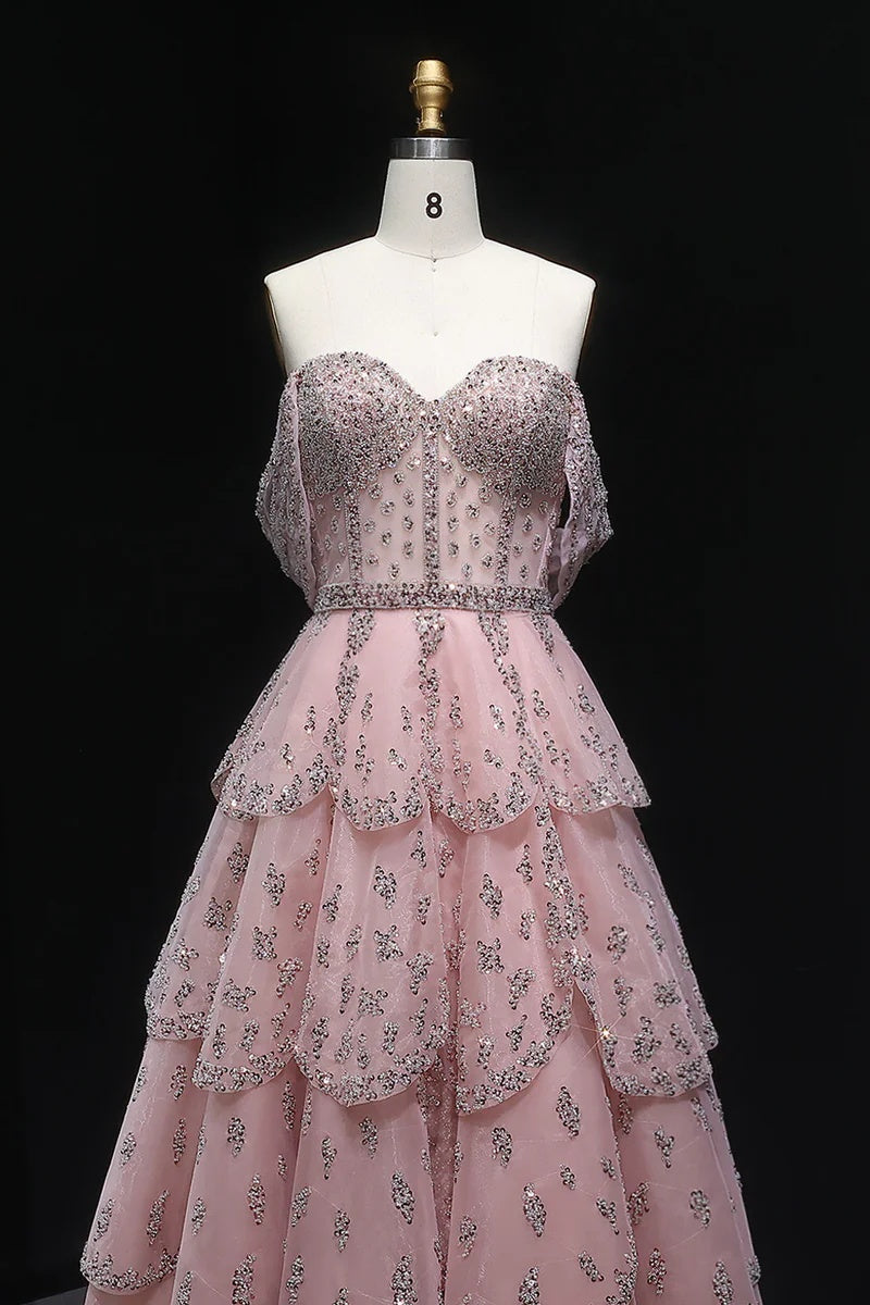 Dreamyannie Pink Off The Shoulder Prom Dress A Line Tiered Beaded Formal Dress