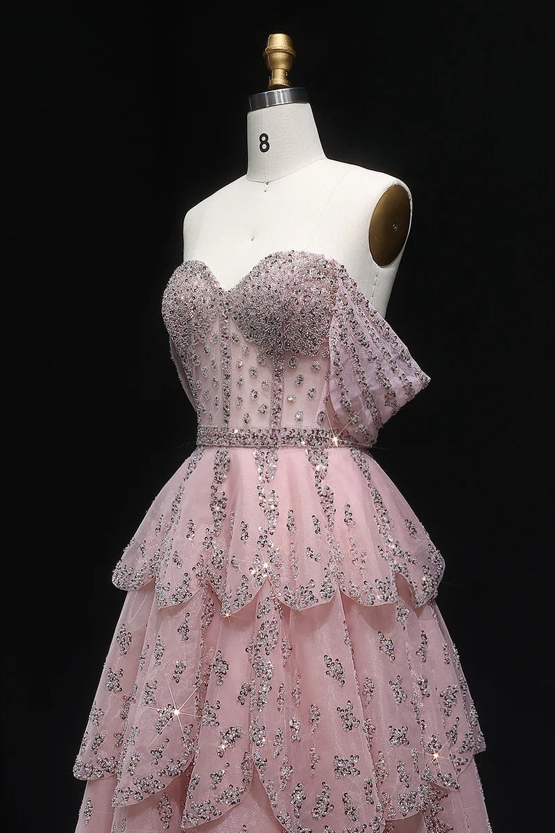 Dreamyannie Women Pink Off The Shoulder Prom Dress A Line Tiered Beaded  Formal Dress  Dreamyannie UK