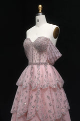 Dreamyannie Pink Off The Shoulder Prom Dress A Line Tiered Beaded Formal Dress