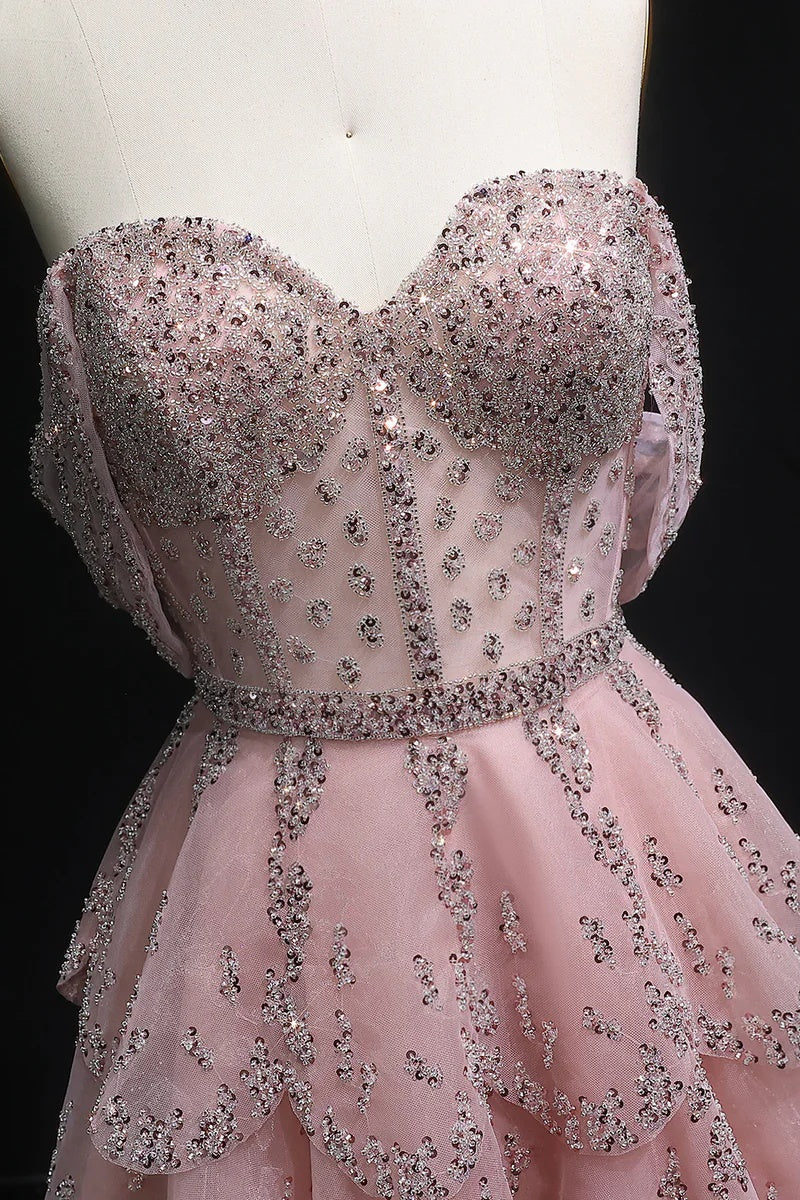 Dreamyannie Pink Off The Shoulder Prom Dress A Line Tiered Beaded Formal Dress