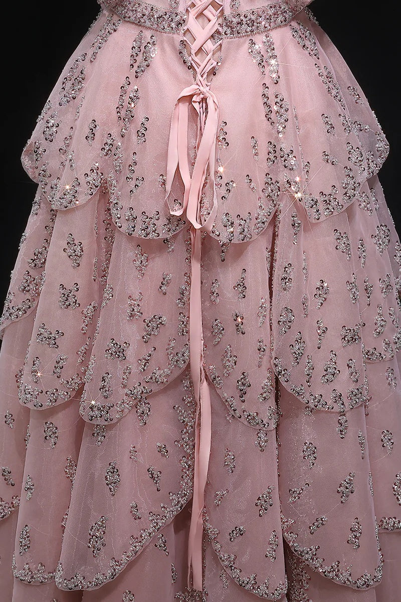 Dreamyannie Pink Off The Shoulder Prom Dress A Line Tiered Beaded Formal Dress