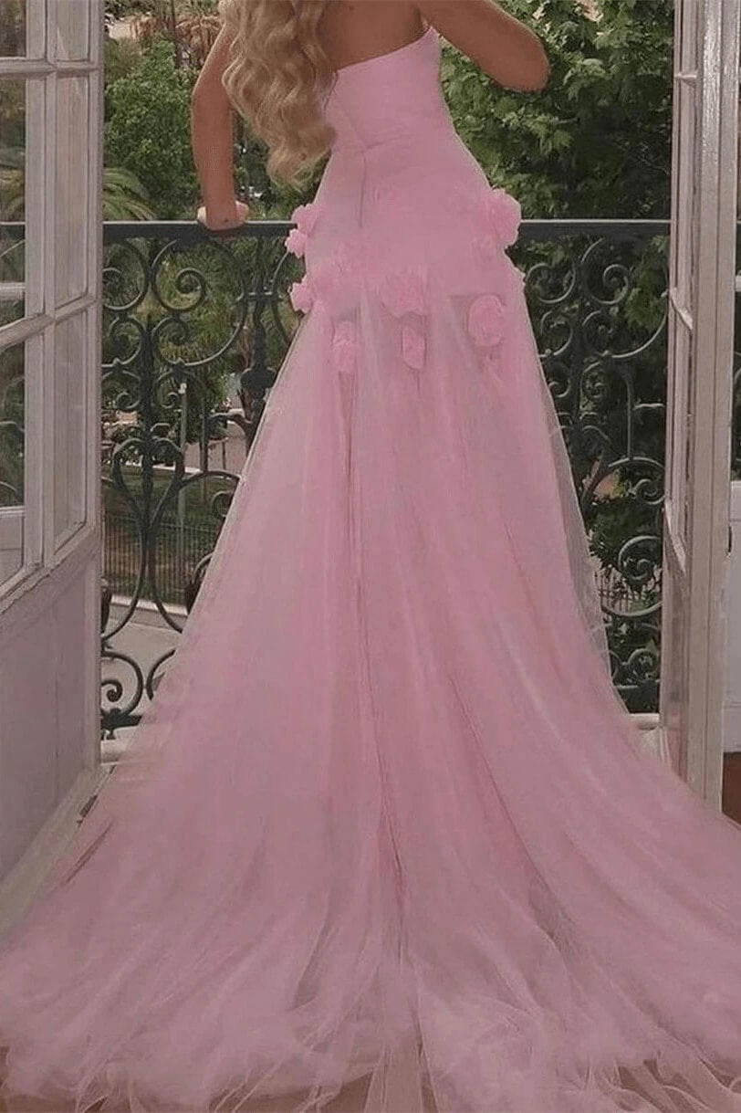 Dreamyannie Pink Prom Dress 3D Flowers Strapless Mermaid Formal Dress With Side Slit