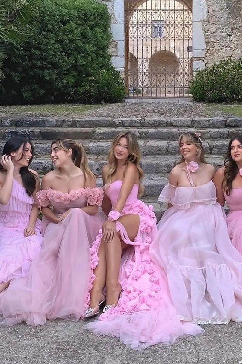 Dreamyannie Pink Prom Dress 3D Flowers Strapless Mermaid Formal Dress With Side Slit