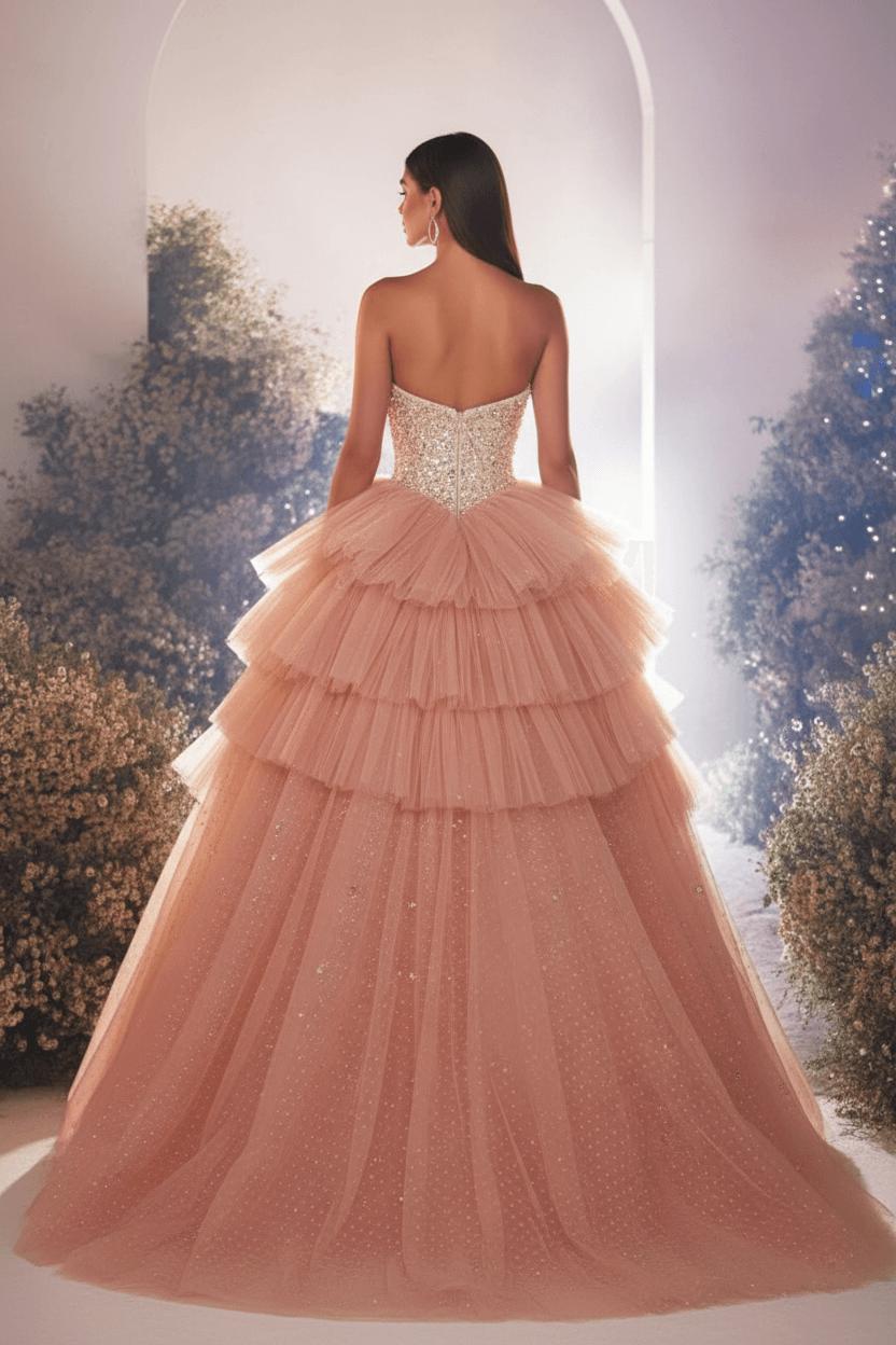 Dreamyannie Pink Prom Dress A Line Princess Tulle Beading Sleeveless Formal Dress With Pearls