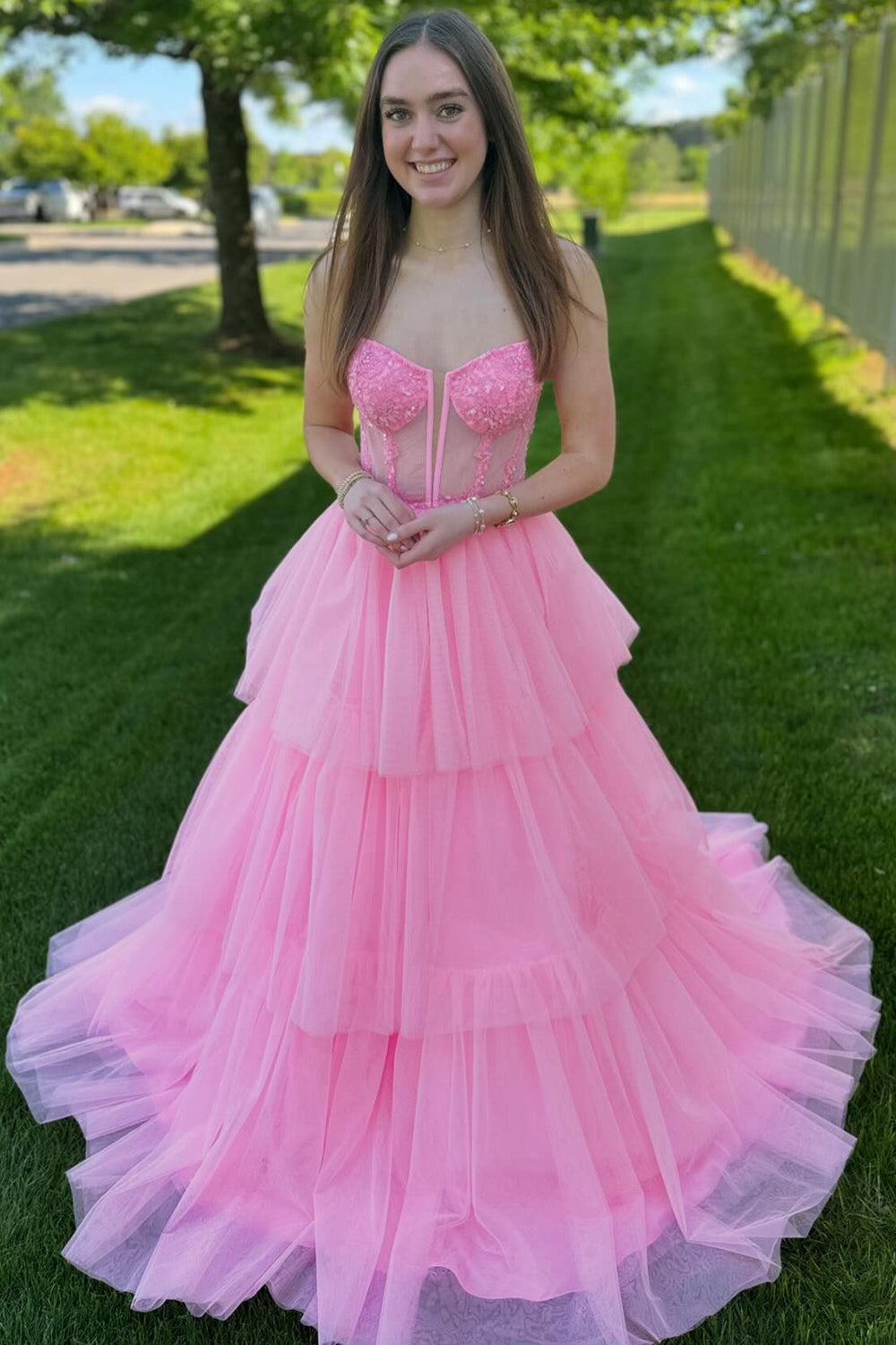 Dreamyannie Pink Prom Dress A-Line Ruffled Corset Long Evening Dress With Lace