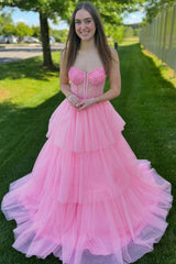 Dreamyannie Pink Prom Dress A-Line Ruffled Corset Long Evening Dress With Lace