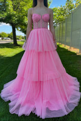 Dreamyannie Pink Prom Dress A-Line Ruffled Corset Long Evening Dress With Lace