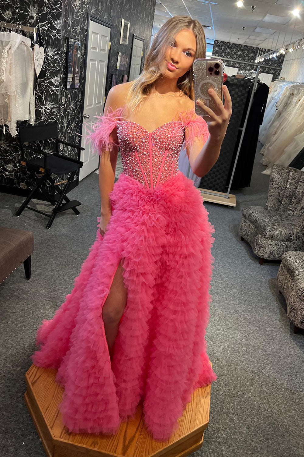 Dreamyannie Pink Prom Dress Feathered Ruffled Long Evening Dress With Slit