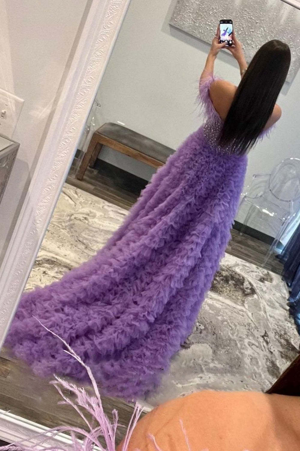 Dreamyannie Pink Prom Dress Feathered Ruffled Long Evening Dress With Slit