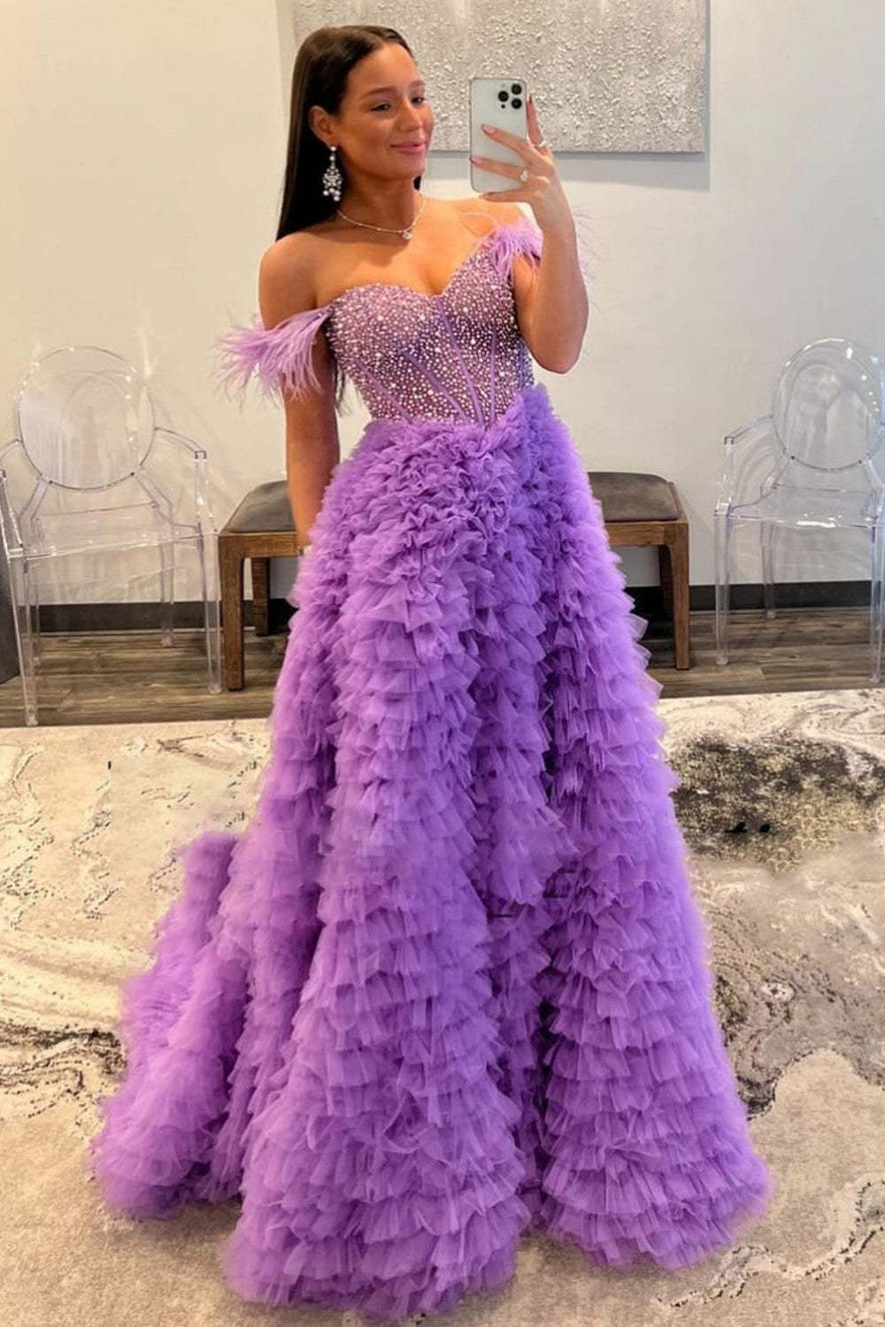 Dreamyannie Pink Prom Dress Feathered Ruffled Long Evening Dress With Slit