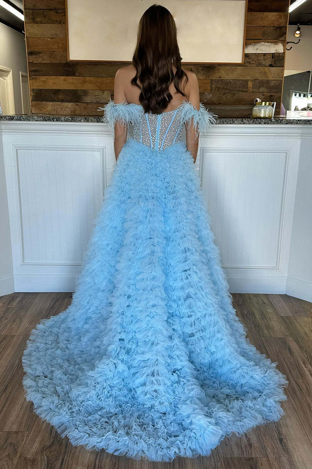 Dreamyannie Pink Prom Dress Feathered Ruffled Long Evening Dress With Slit