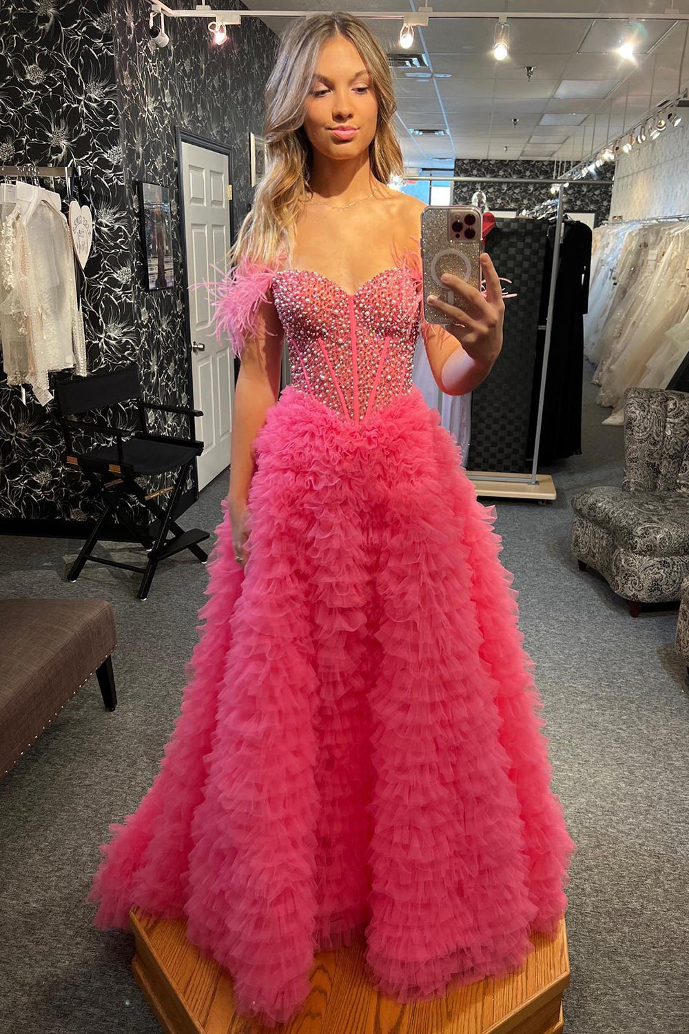 Dreamyannie Pink Prom Dress Feathered Ruffled Long Evening Dress With Slit