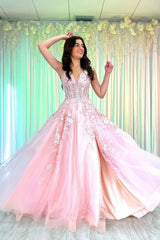 Dreamyannie Pink Prom Dress Floral A Line Corset Lace Evening Dress With Slit
