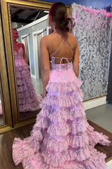 Dreamyannie Pink Prom Dress Floral Spaghetti Straps Long Evening Dress With Ruffles