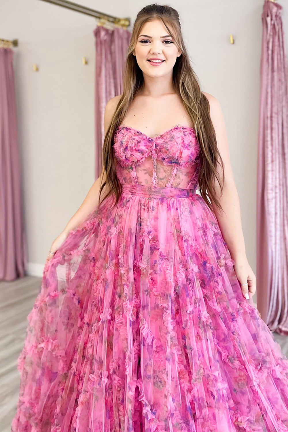 Dreamyannie Pink Prom Dress Floral Tulle A-Line Sweetheart Corset Long Evening Dress