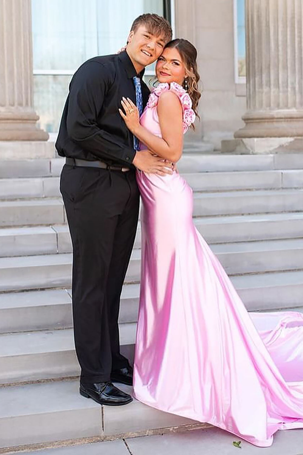 Dreamyannie Pink Prom Dress Floral V-Neck Satin Mermaid Long Evening Dress
