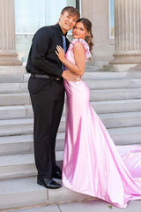 Dreamyannie Pink Prom Dress Floral V-Neck Satin Mermaid Long Evening Dress