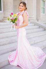 Dreamyannie Pink Prom Dress Floral V-Neck Satin Mermaid Long Evening Dress