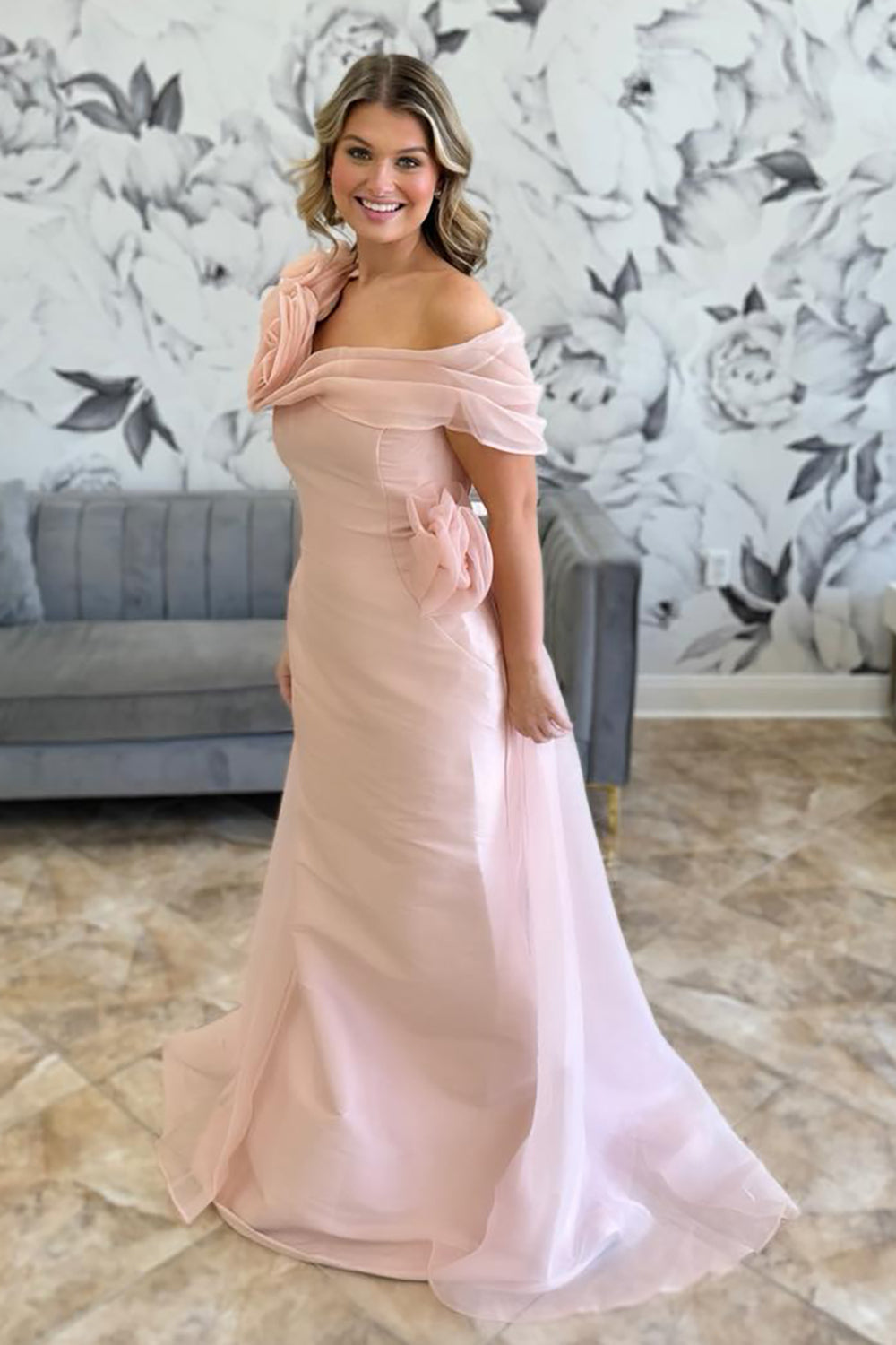 Dreamyannie Pink Prom Dress Flowers Mermaid Asymmetrical Neck Long Evening Dress