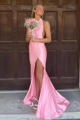 Dreamyannie Pink Prom Dress Halter Satin Mermaid Long Evening Dress With Slit