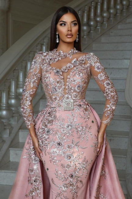 Dreamyannie Pink Prom Dress High Neck Long Sleeve Detachable Panel Train Formal Dress