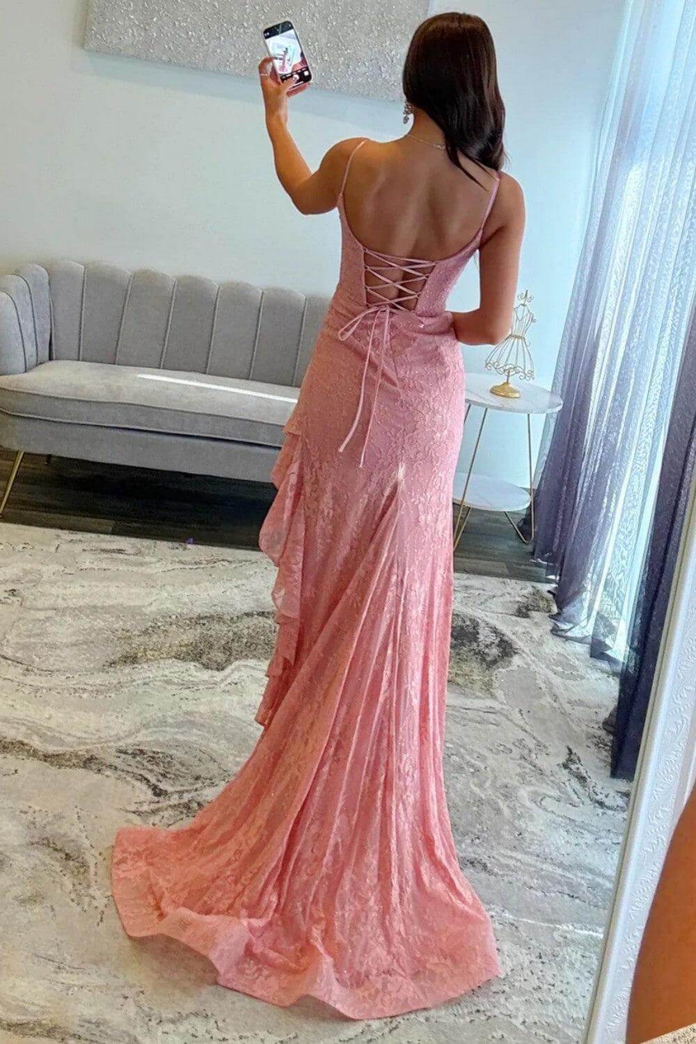 Dreamyannie Pink Prom Dress Lace Long Ruffled Formal Dress With Slit