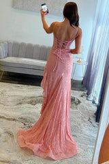 Dreamyannie Pink Prom Dress Lace Long Ruffled Formal Dress With Slit