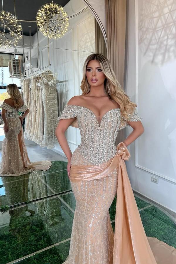 Dreamyannie Pink Prom Dress Mermaid Sweetheart Off The Shoulder Sequined Panel Train Tulle Formal Dress