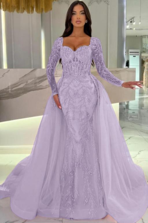 Dreamyannie Pink Prom Dress Mermaid Sweetheart Sleeves Beaded Tulle Formal Dress With Panel Train