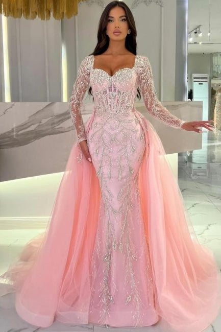 Dreamyannie Pink Prom Dress Mermaid Sweetheart Sleeves Beaded Tulle Formal Dress With Panel Train
