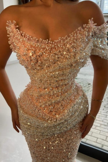 Dreamyannie Pink Prom Dress Strapless Mermaid Beaded Sequined Sleeveless Formal Dress With Pearls