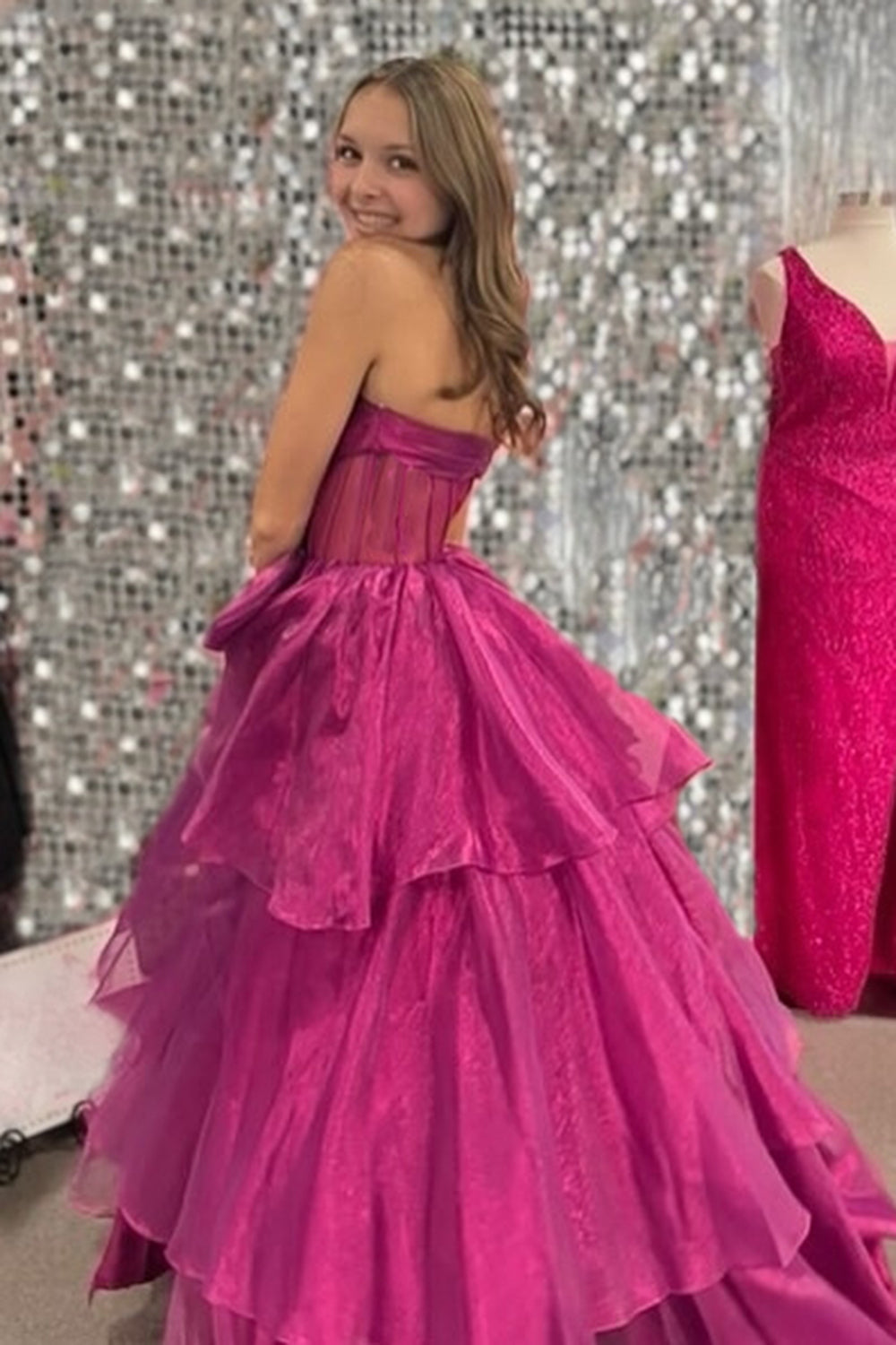 Dreamyannie Pink Prom Dress Strapless Ruffled Long Evening Dress With Bow