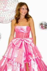 Dreamyannie Pink Prom Dress Strapless Ruffled Long Evening Dress With Bow