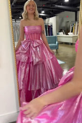 Dreamyannie Pink Prom Dress Strapless Ruffled Long Evening Dress With Bow