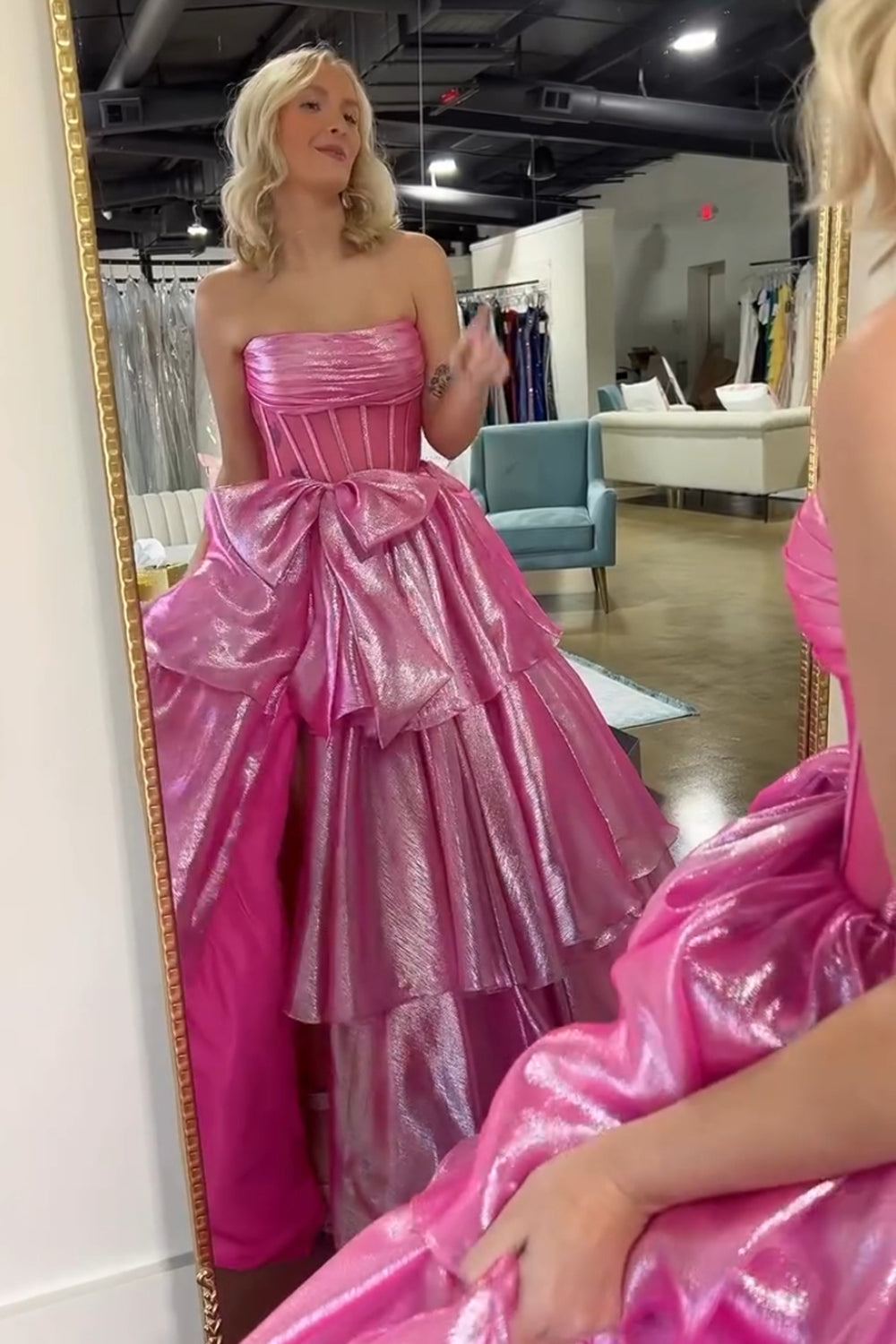 Dreamyannie Pink Prom Dress Strapless Ruffled Long Evening Dress With Bow