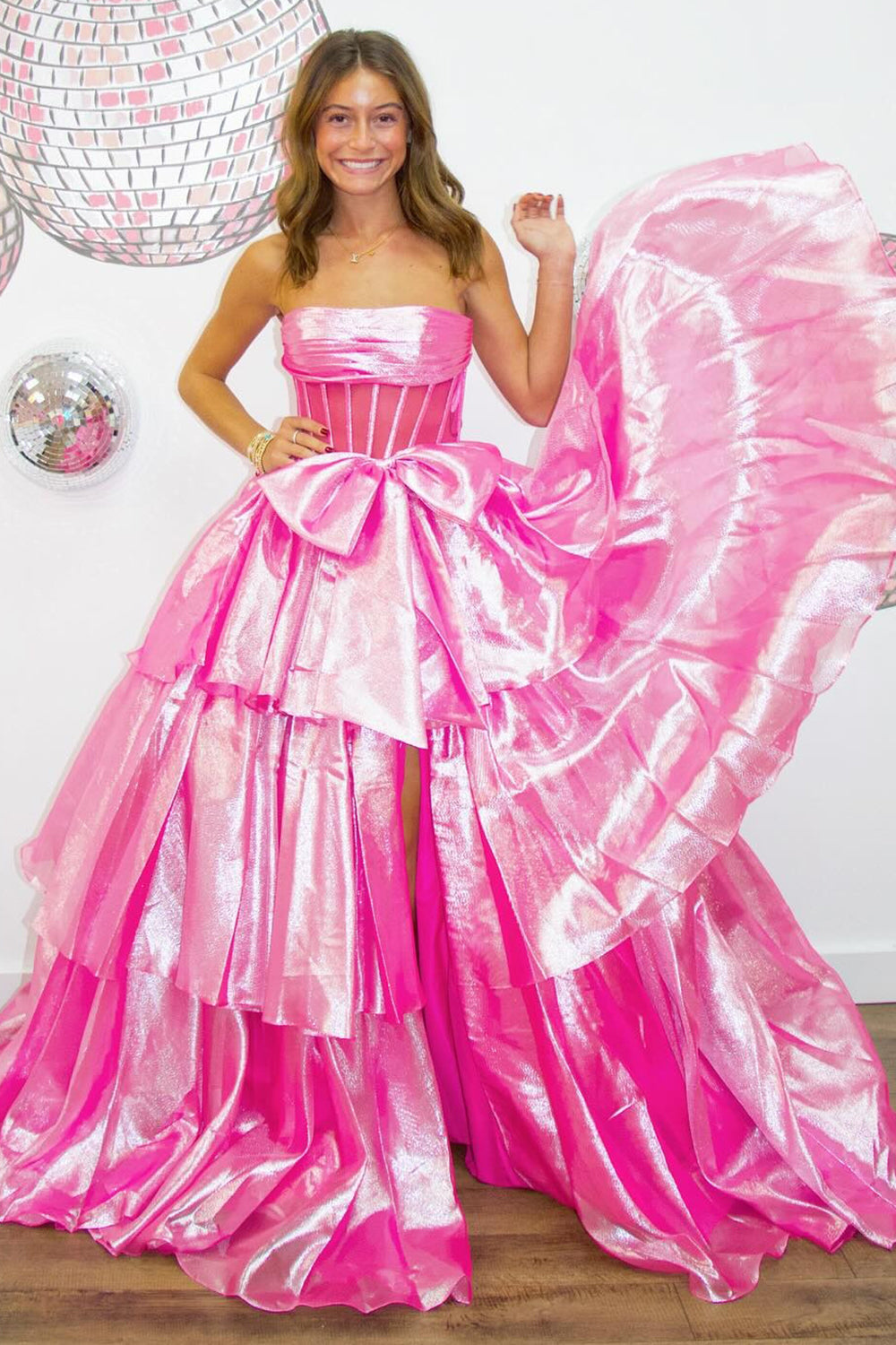 Dreamyannie Pink Prom Dress Strapless Ruffled Long Evening Dress With Bow