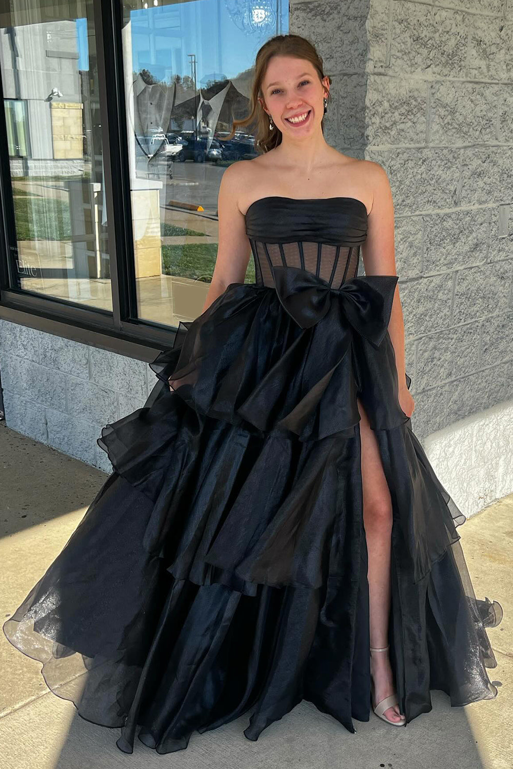 Dreamyannie Pink Prom Dress Strapless Ruffled Long Formal Dress With Bow